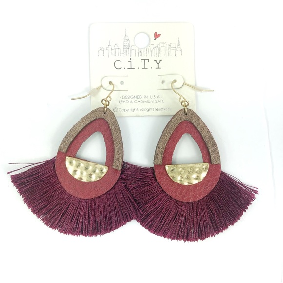 C.i.T.Y. Jewelry - C.i.T.Y. Leather, Gold, & Maroon Tassel Earrings